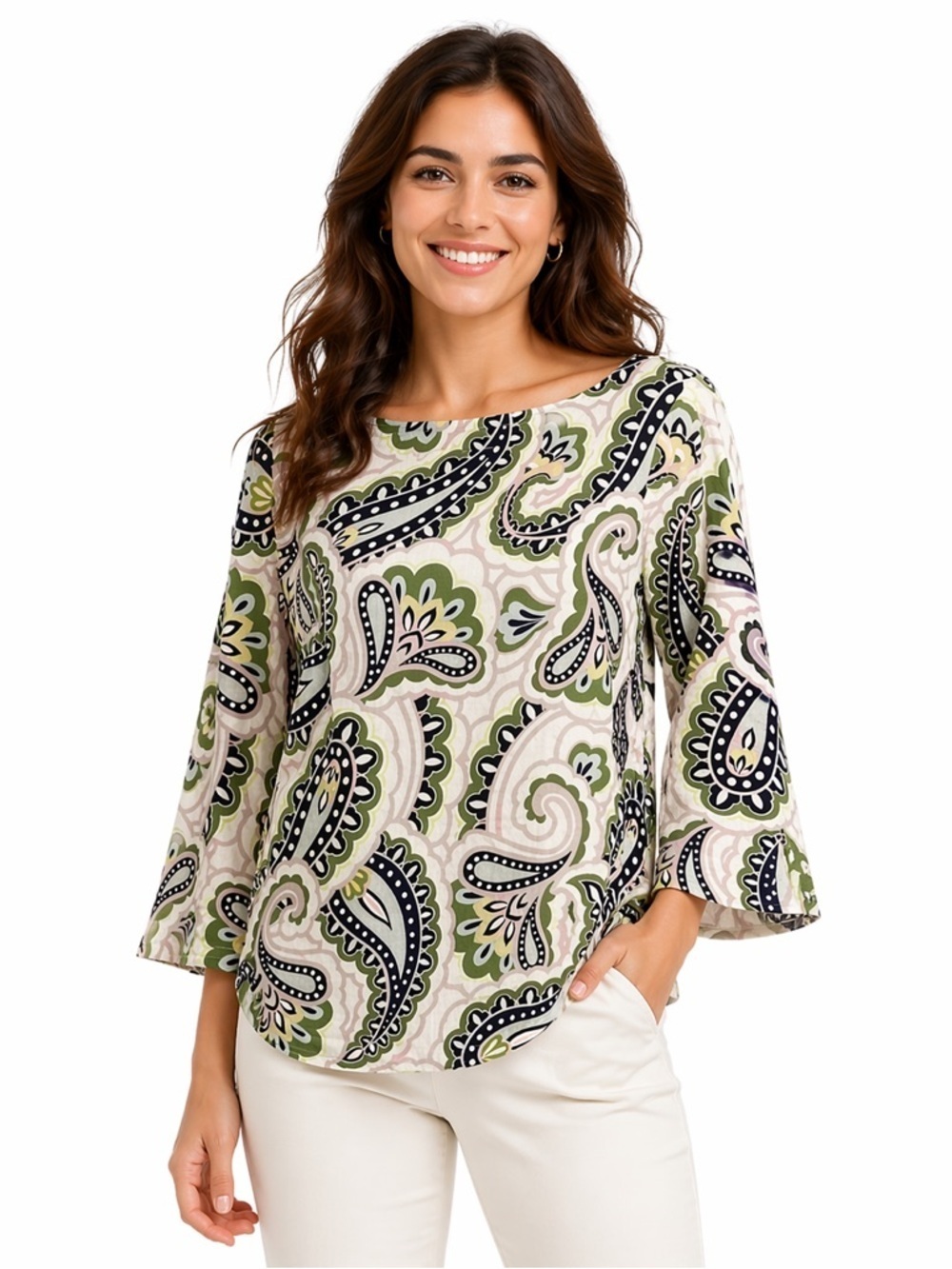 Boden multicolour Laurie bohemian casual linen paisley 3/4 flared  sleeve top 2